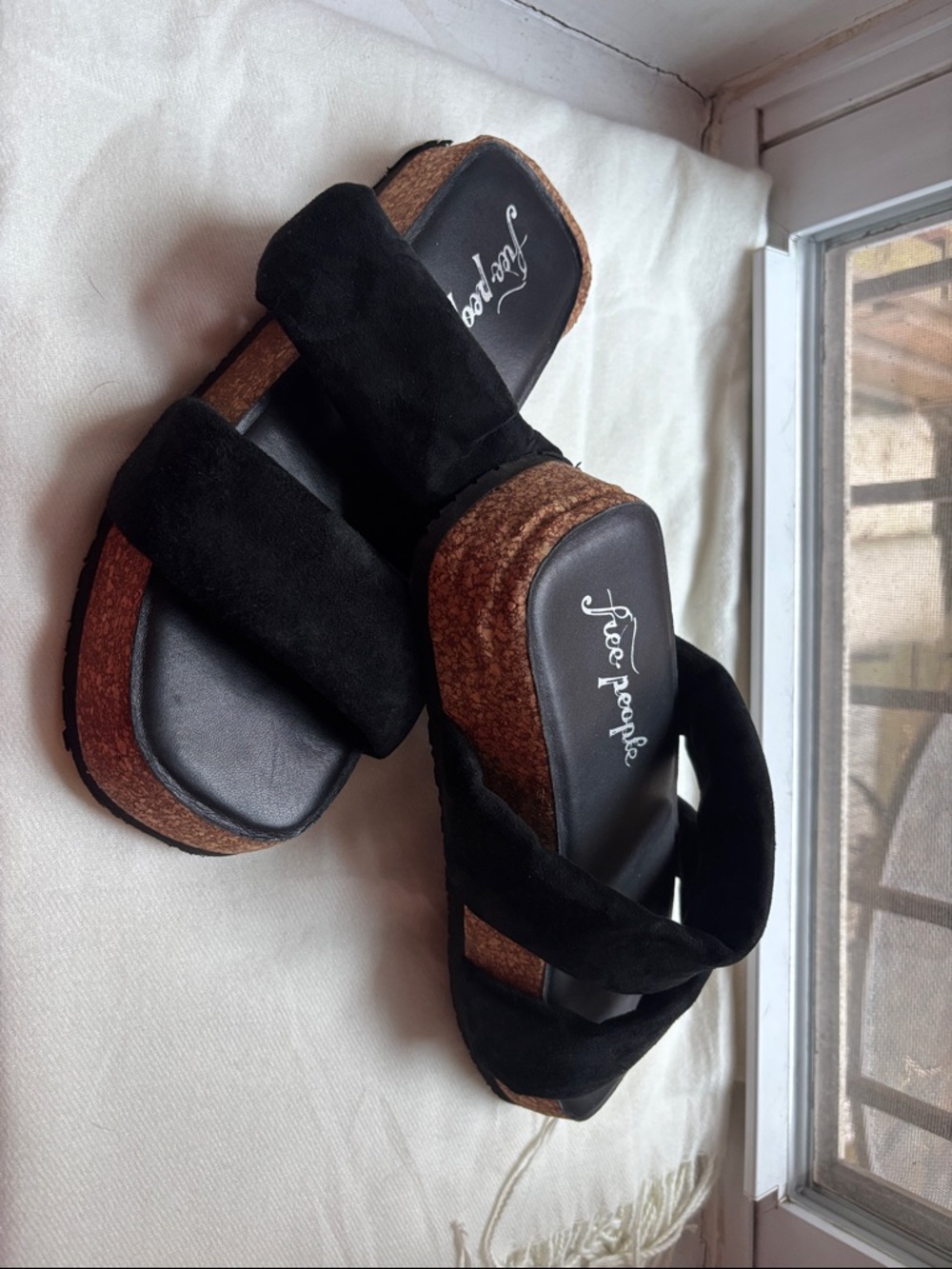 Free People Black Suede Cork-Platform Slide Sandals